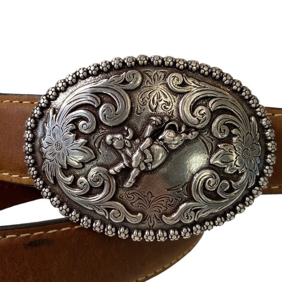 Nocona Western Full-Grain Leather Rodeo Belt with Silver Bull Rider Buckle - Picture 16 of 16